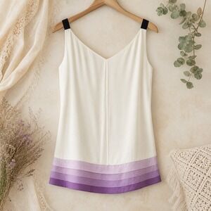 Silk Sleeveless Top Banana Repubic Womens Small Beige Purple Trim Keyhole EUC